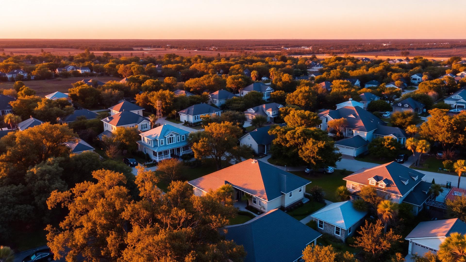 Aerial view of a Louisiana neighborhood at golden hour